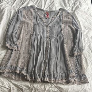 Johnny Was Light Gray Blouse with Lace Details sz S